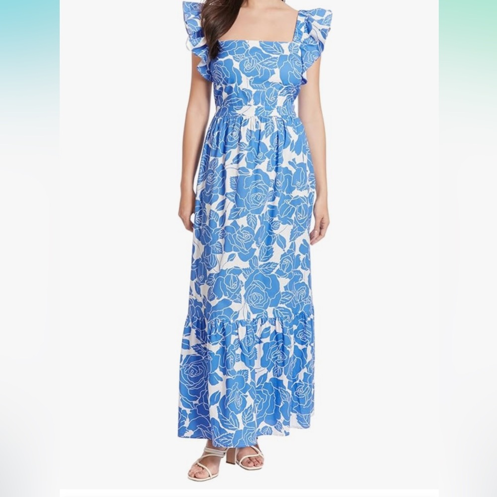 London Times Woman-Square Neck Maxi Cotton Dress NWT White & Blue Rose Pattern